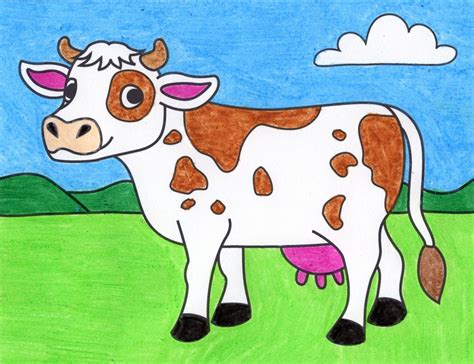 Attach The Ears And Horns Attach small V-shaped lines on top of the cows head to form its horns. . Easy drawing of cow